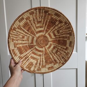 Vintage Handwoven Coil Weave Tan and Cream Basket / Shallow Bowl